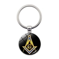 Portachiavi Massoneria argento con logo squadra e compasso su ciondolo tondo nero - Stile Moderno Sfumato Blu Giallo (JY007851-10)