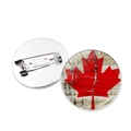 Detail view of round Canadian flag brooch with vintage wood grain and pin back structure - Cracked Wood Grain Maple Style (JY007844-4)