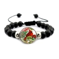 Detailed macro view of black beaded bracelet with cardinal bird charm and adjustable cord - Cardinal and Vintage Flowers Style (JY007894-12)