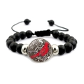 Adjustable black beaded bracelet with red cardinal bird motif on a round metal charm - Cardinal and Small Flowers Style (JY007894-11)