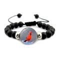 Detail of black matte beads and cardinal bird glass cabochon on adjustable woven bracelet - Realistic Cardinal Bird Style (JY007894-7)