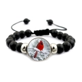Black matte beaded bracelet with red cardinal glass pendant and adjustable cord - Cardinal in Snow Style (JY007894-5)