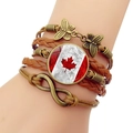 Bracciale vintage in pelle multistrato con ciondolo bandiera Canada e farfalle bronzo - Stile Foglia di Acero del Canada (JY007846-1)