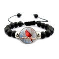 Beaded cardinal bird bracelet with black matte stones and adjustable woven cord strap - Cardinal on Snowy Branch Style (JY007894-1)