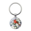 Macro shot of circular keychain featuring a cardinal bird and white flower illustration - Cardinal with White Flowers Style (JY007872-9)