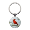 Close-up of glass dome keychain with cardinal bird sitting on a cedar branch - Cardinal on Cedar Style (JY007872-6)