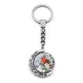 Detailed view of the rotating double-sided cardinal bird pendant on a silver keychain - Cardinal With Flowers (JY007878-9)