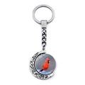Detail of silver moon-shaped keychain with double-sided rotating red cardinal charm - Realistic Cardinal Image (JY007878-7)