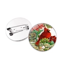 Front and back detail of a round cardinal bird glass cabochon brooch with silver pin base - Artistic Cardinal (JY007876-12)