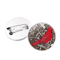 Detailed front and back view of a red cardinal bird glass dome brooch with pin fastener - Realistic Cardinal (JY007876-11)