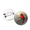 Detailed view of the front and back of a cardinal bird time gem brooch with metal pin - Cardinal on Flower Branch (JY007876-10)