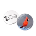 Front and back view of a round red cardinal bird glass gem brooch with silver metal base - Standing Cardinal (JY007876-7)
