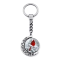 Silver crescent moon keychain with rotating cardinal bird pendant on white background - Cardinal With Pine Cone (JY007878-5)