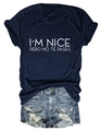 Detail of navy blue T-shirt with I'M NICE white text and distressed denim shorts - Navy Blue (White Font)