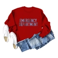 Flat lay of red crewneck sweatshirt with blue EMERGENCY DEPARTMENT print and jeans - S / Red