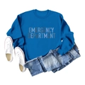 Flat lay of royal blue crewneck sweatshirt with emergency department print and denim shorts - S / Lake Blue