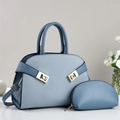 Sky blue textured handbag set with V-shaped embossing, gold hardware, and coin purse - Blue