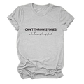 Detail of CAN'T THROW STONES typography on a gray cotton blend crewneck t-shirt - Light Gray (Black Font)
