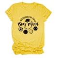 Detail of yellow round neck T-shirt with sports ball icons and Boy Mom slogan - Yellow (Black Font)
