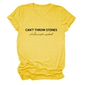 Detail of CAN'T THROW STONES print on a yellow cotton casual short sleeve t-shirt - Yellow (Black Font)