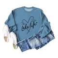 Flat lay of foggy blue Lake Life sweatshirt with artistic print and denim shorts - S / Blue (Black Font)