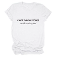 Detail of CAN'T THROW STONES text print and rolled sleeves on white cotton T-shirt - White (Black Font)