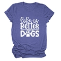 Detail der Life is Better with Dogs Aufschrift und Pfotenabdruck auf lila T-Shirt - Retro Blau (Weiße Schrift)