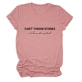 Detail of dusty pink cotton t-shirt featuring CAN'T THROW STONES black printed slogan - Rose Gold (Black Font)