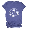 Detail of Boy Mom print on purple heather t-shirt with sports ball icons and rolled cuffs - Retro Blue (White Font)