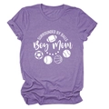 Close-up of Heather Purple Boy Mom t-shirt with sports balls graphics and white lettering - Purple (White Font)