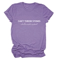 Detail of CAN'T THROW STONES letter print on a purple cotton blend short sleeve T-shirt - Purple (White Font)