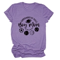 Close-up of soft purple cotton t-shirt with sports ball icons and Boy Mom lettering - Purple (Black Text)