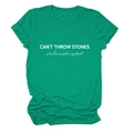 Detail of CAN'T THROW STONES white letter print on a green crew neck cotton t-shirt - Dark Green (White Font)
