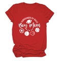Detail of red Boy Mom T-shirt featuring sports balls icons and circular text design - Red (White Font)