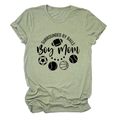 Detail of sage green T-shirt with SURROUNDED BY BALLS Boy Mom text and sports ball icons - Olive Green (Black Font)