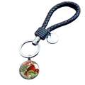 Detail of hand-woven leather keychain with cardinal bird glass pendant and alloy ring - Cardinal Hand-drawn Style (JY007883-12)