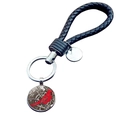 Detail of woven leather keychain with cardinal bird glass dome pendant and silver ring - Cardinal and White Bloom Art (JY007883-11)
