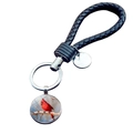 Cardinal bird glass pendant keychain with black braided leather strap and metal ring - Cardinal on Snowy Branch (JY007883-1)