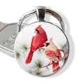 Cardinal birds glass cabochon keychain with silver metal ring and pine branch art - Dual Birds on Pine Style (JY007885-2)