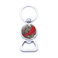 Detail of red cardinal bird bottle opener keychain with glossy glass cabochon finish - Red Bird Dark Pattern Background (JY007886-11)