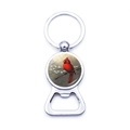 Detail of silver cardinal bird bottle opener keychain with glass gem bird illustration - Cardinal Standing on Flower Branch (JY007886-10)