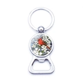 Detailed view of cardinal bird keychain bottle opener with floral print and silver finish - Cardinal on Blooming White Flowers (JY007886-9)