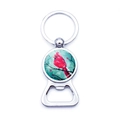 Macro view of silver bottle opener keychain with red cardinal glass dome artwork - Hand-painted Cardinal Cyan Background (JY007886-8)
