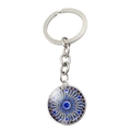 Macro view of blue evil eye keychain featuring detailed mandala glass dome and alloy ring - Mandala Style Evil Eye (JY007903-7)