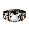 Detail of multilayer leather bracelet featuring golf ball glass charm and metal snap buttons - Golf Style (JY007983-12)