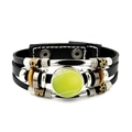 Detail of multi-layer leather bracelet featuring a tennis ball glass charm and snap closure - Tennis Style (JY007983-10)