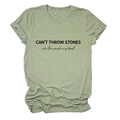 Detail of light green cotton T-shirt featuring CAN'T THROW STONES letter print design - Olive Green (Black Font)