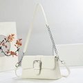 Detail of cream white shoulder bag with silver square buckle and metal chain strap - Off White