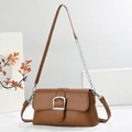 Elegant brown faux leather baguette bag with silver metal buckle and chain strap - Brown