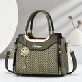Deep olive green leather and houndstooth tote bag with golden hardware and long strap - Green